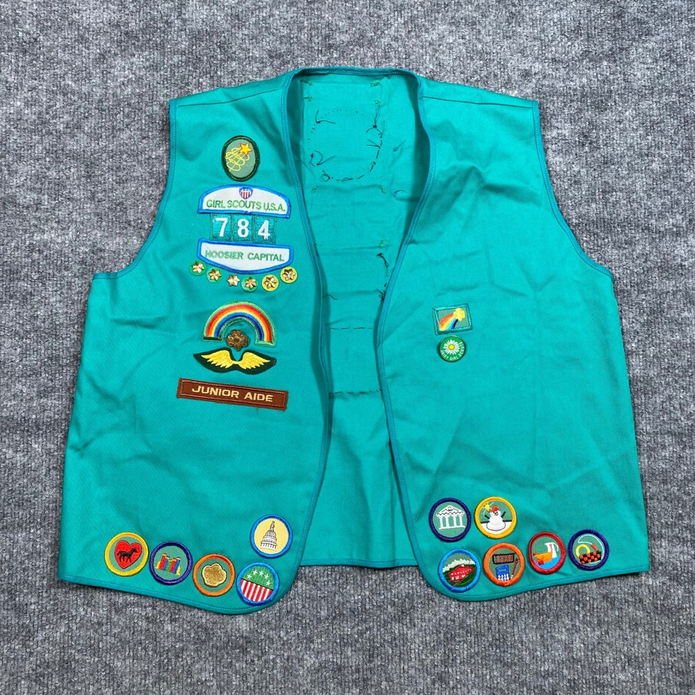 Vintage‎ Girl Scouts USA Junior Aide Vest Teal Hoosier Capital 784 Patches 1990s